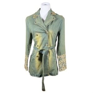 Kaity‎ Womens Blue Denim Beaded Lace Cuff Belted Trench Coat Jacket Small SJ165